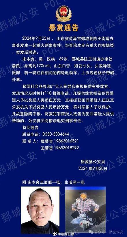 山东警方最高10万悬赏刑案嫌犯 69岁宋本良在逃