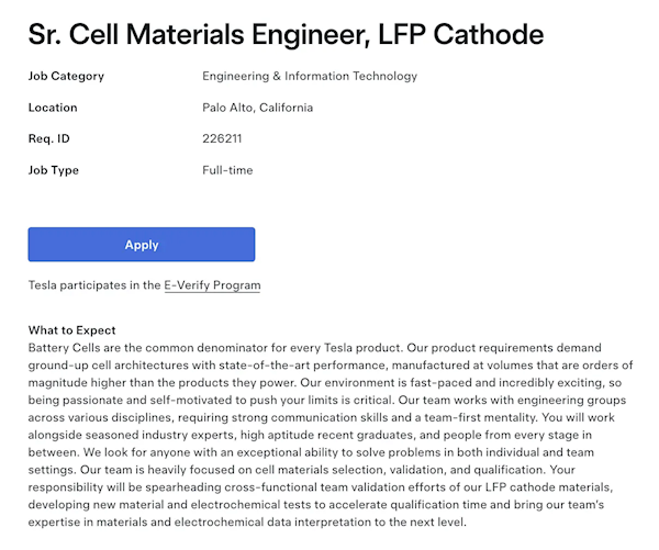为生产磷酸铁锂电池做准备：特斯拉招聘电池材料工程师