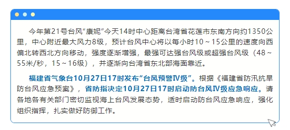 防范台风“康妮”，福建启动防台风Ⅳ级应急响应