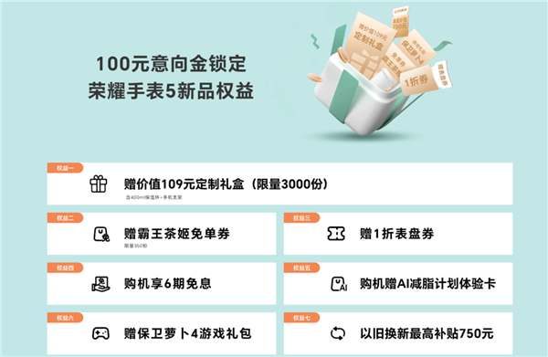 荣耀手表5官网开订：方形AMOLED显示屏 续航可达15天