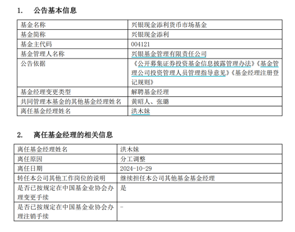 
          
            什么情况？被曝受到监管处罚一个月后，洪木妹卸任兴银基金旗下多只产品
        