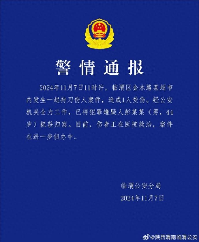 陕西渭南一超市发生持刀伤人案，警方通报：嫌疑人彭某某（男，44岁）已归案